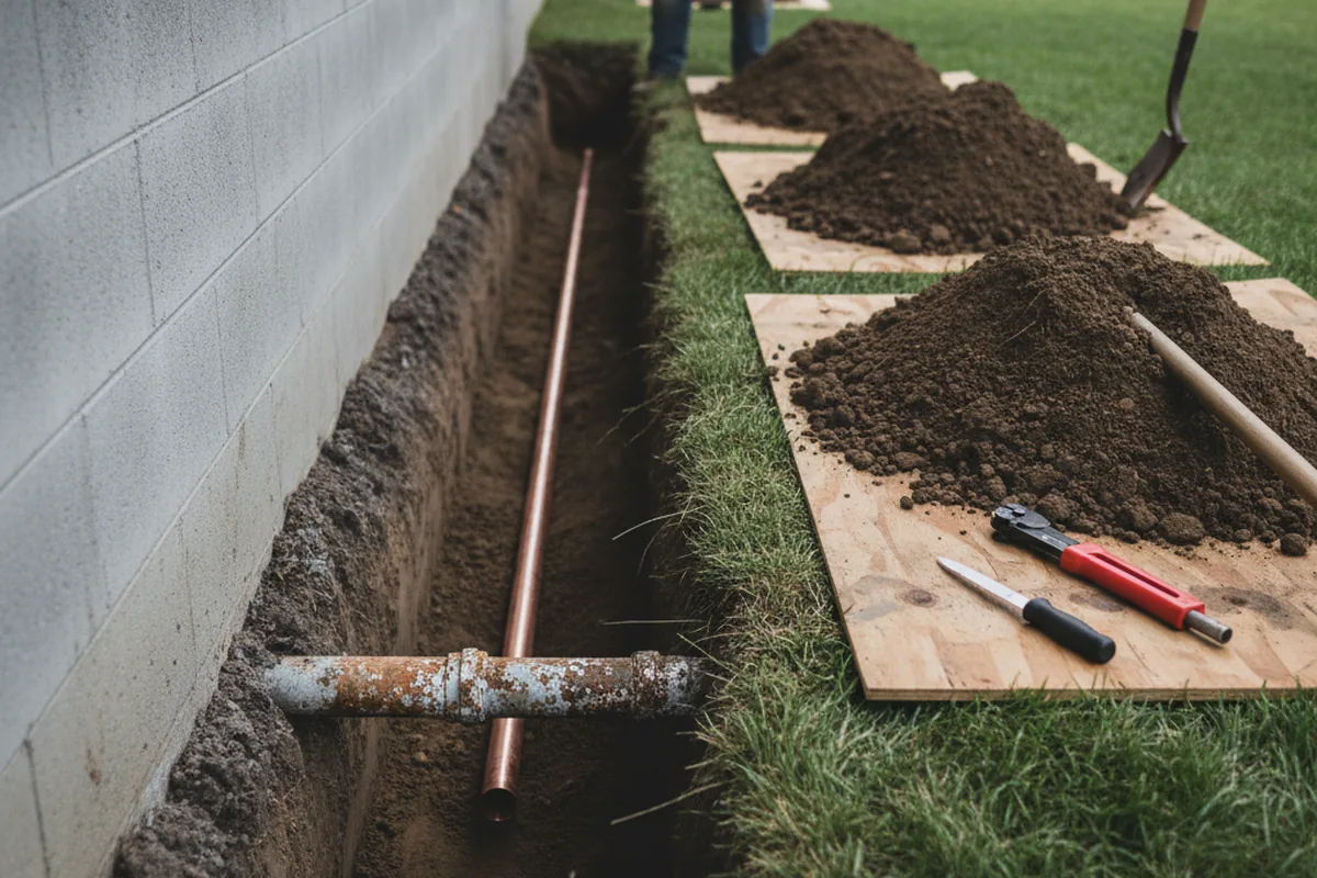 Excavated water line trench during Sewer Line Repair in Dauphin Island